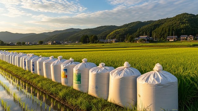 肥料の袋と田園風景